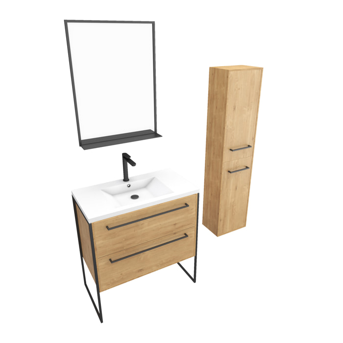 Pack Meuble SDB 80cm sur pieds 2 tiroirs Chene - Vasque resine blanche + Miroir + Colonne 150cm