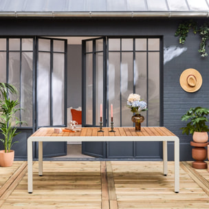 Table de jardin en bois teck. structure acier inoxydable blanc cassé. 8 places