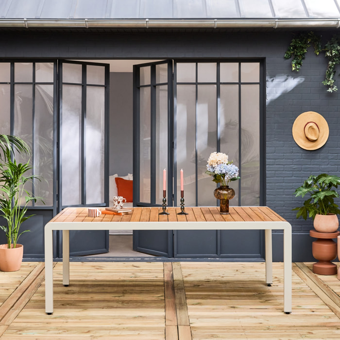 Table de jardin en bois teck. structure acier inoxydable blanc cassé. 8 places