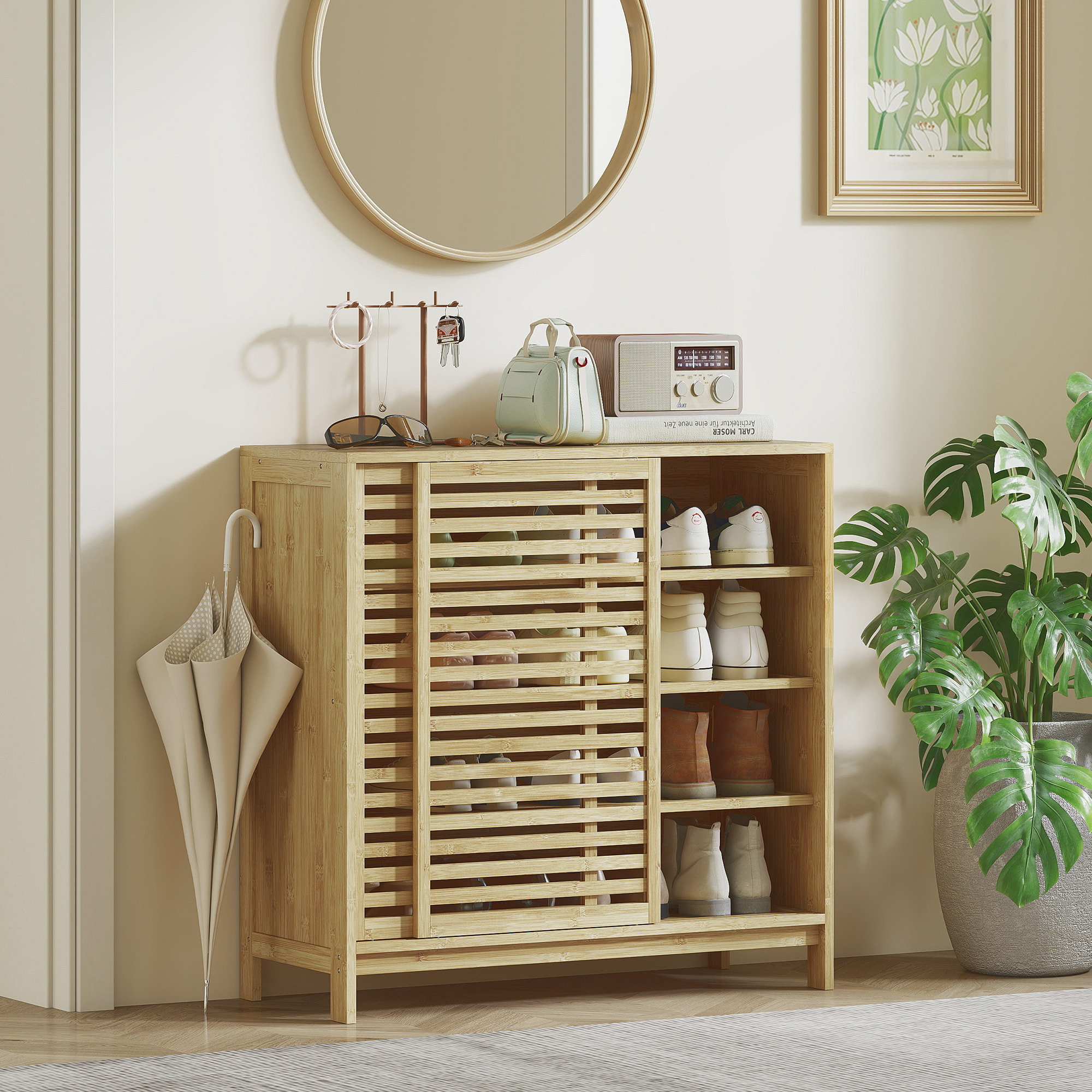 Armario de Baño de Bambú Mueble de Baño con 2 Puertas Correderas Diseño con Lamas 4 Estantes Mueble Auxiliar de Almacenaje para Cocina Salón 80x34x80 cm Natural