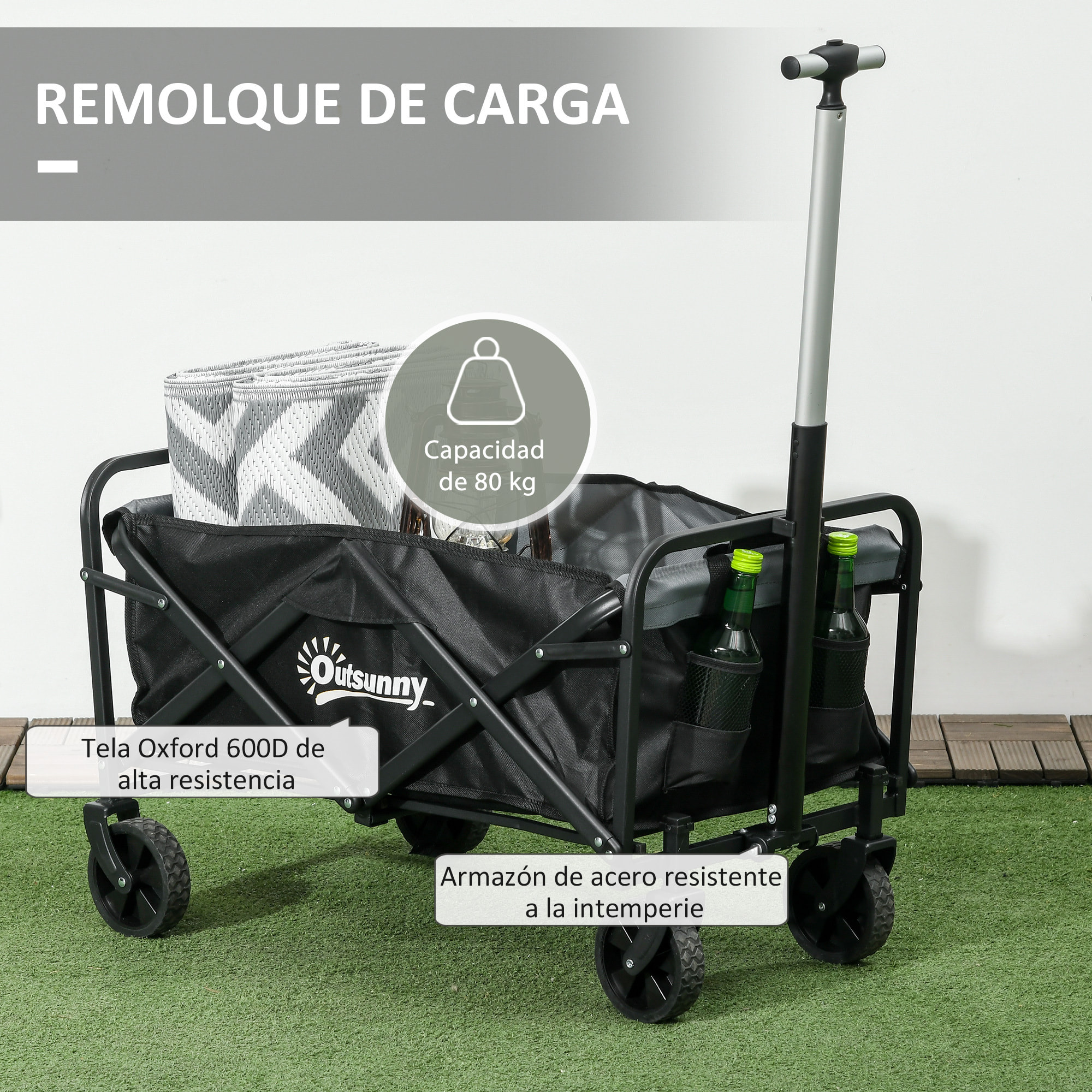 Carro de Jardín Carro Plegable con 4 Ruedas Longitud y Ángulo del Mango Ajustables Capacidad 70 L Carga 80 kg para Playa Campaña Negro