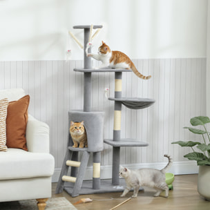 Árbol Rascador para Gatos Grande, Árbol para Gatos, Altura 134 cm, Torre de Escalada con 6 Postes de Sisal, 3 Plataformas, 1 Cueva, 1 Hamaca, 1 Escalera, 4 Juguetes Colgantes, Gris