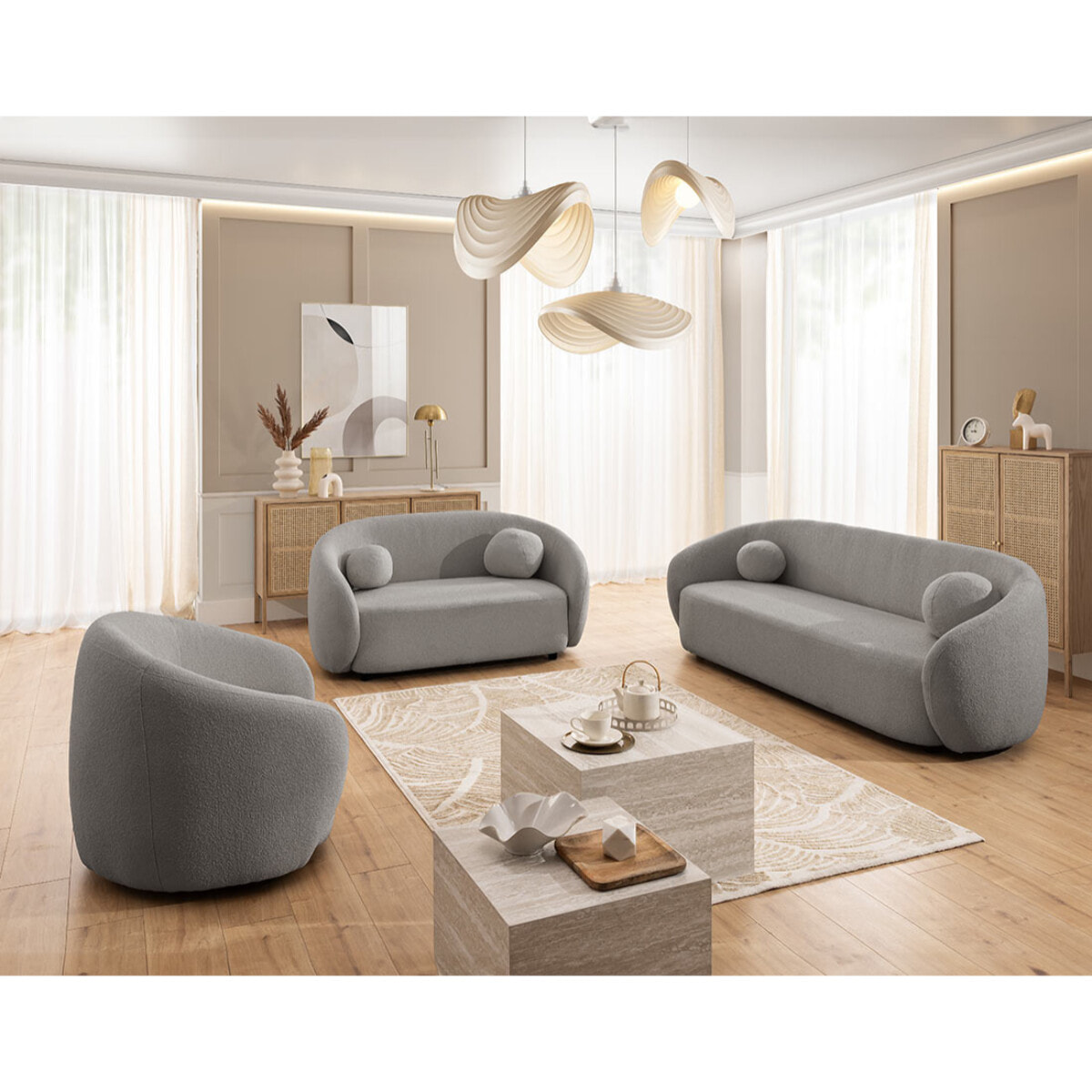 Flore - Fauteuil en tissu bouclette - Gris
