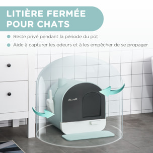 Maison de toilette bac à litière pour chat avec porte battante, pelle et filtre inclus dim. 43L x 44l x 47H cm PP bleu