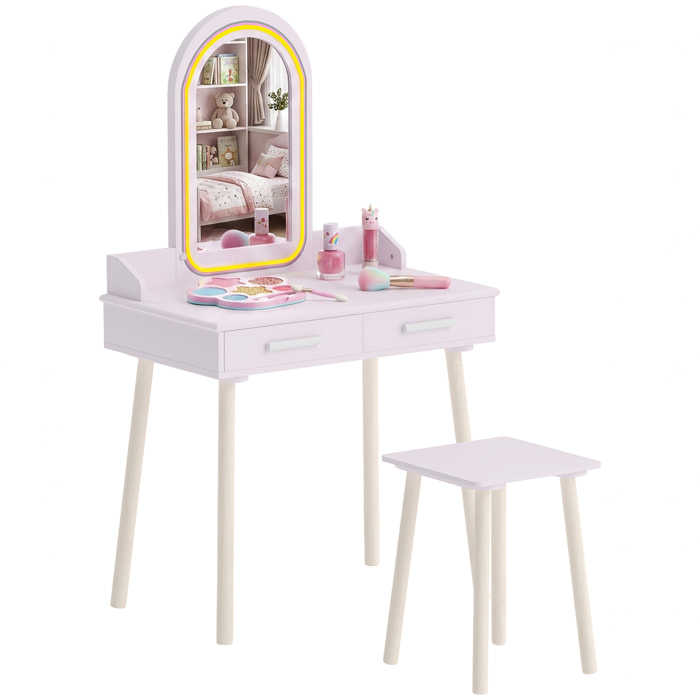 AIYAPLAY Tocador de Maquillaje Niña con Espejo de LED de 3 Colores, Taburete, 2 Cajones, Tocador Infantil para Niños de 3 a 8 Años, para Habitación Infantil, Rosa