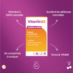 VITAMIN'22 - Acerola 1000 - Complément alimentaire à base d'Acérola- Vitamine C 100% d'origine naturelle - Sans sucre - Sans gluten - Goût Cerise - Cure de 24 j - Lot de 2 produits