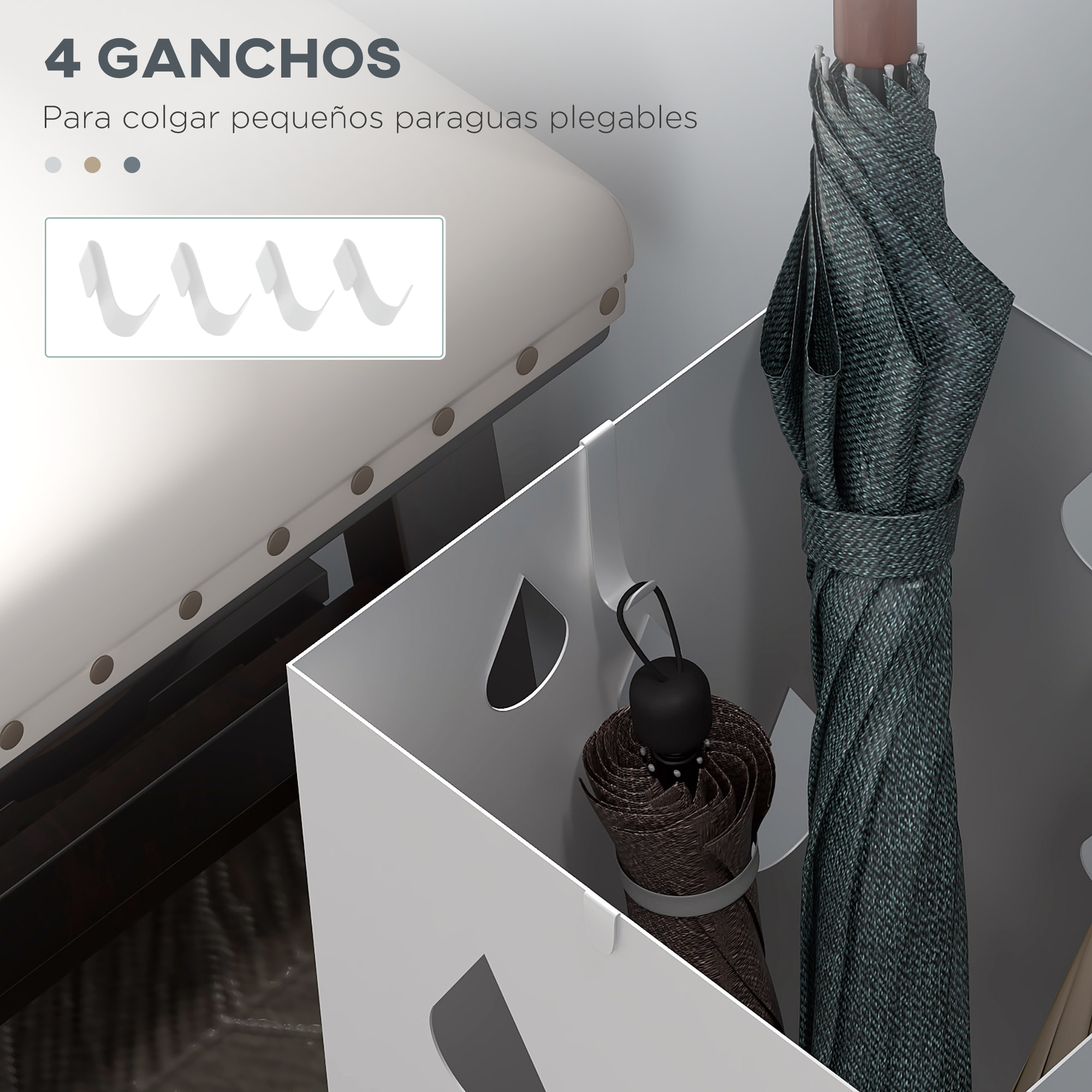 ParagÃƒÂ¼ero de Acero ParagÃƒÂ¼ero Blanco con 4 Ganchos y Bandeja de Goteo Extraíble Porta Paraguas Diseño Tallado para Pasillo Entrada 15,5x15,5x41 cm