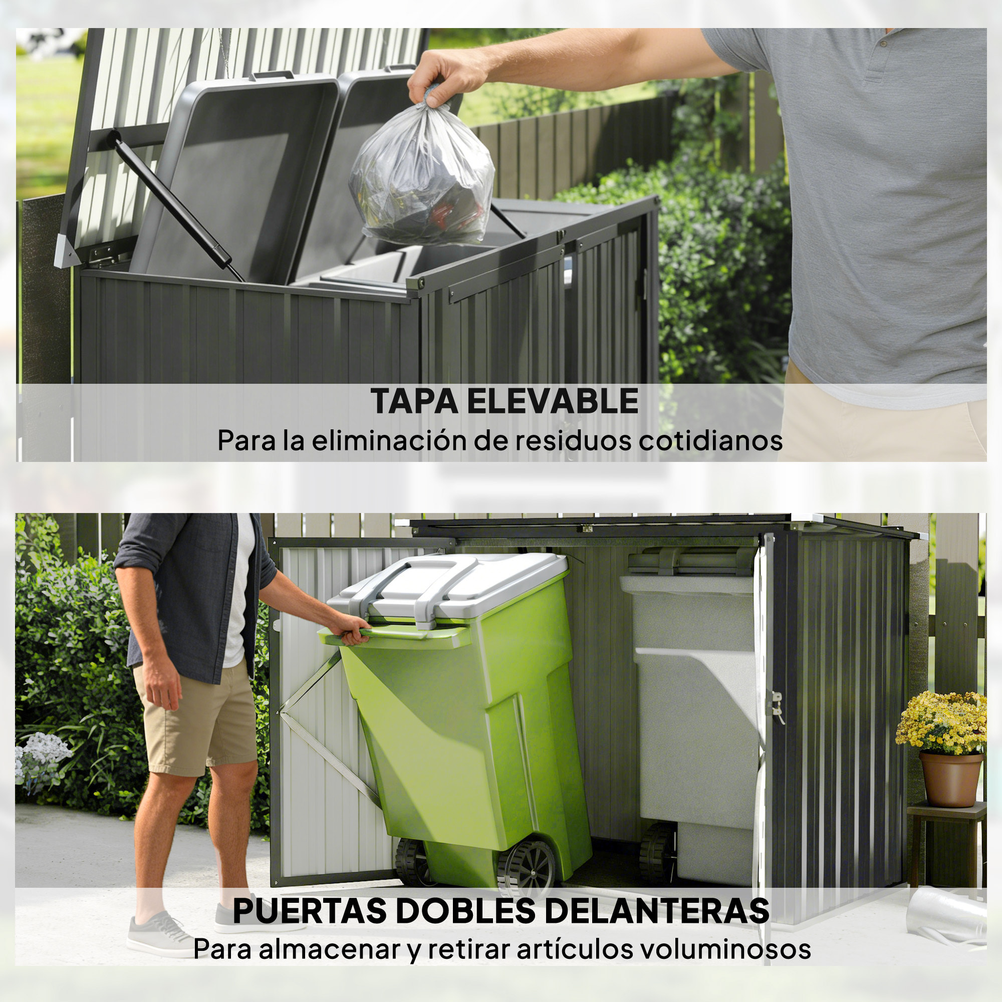 Cobertizo para Contenedor de Basura Doble, Caseta para Cubo de Basura de 240L de Acero Galvanizado con Tapa Abatible y Puertas con Cerradura, para Jardín, Exterior, 150x80x117 cm, Gris Oscuro