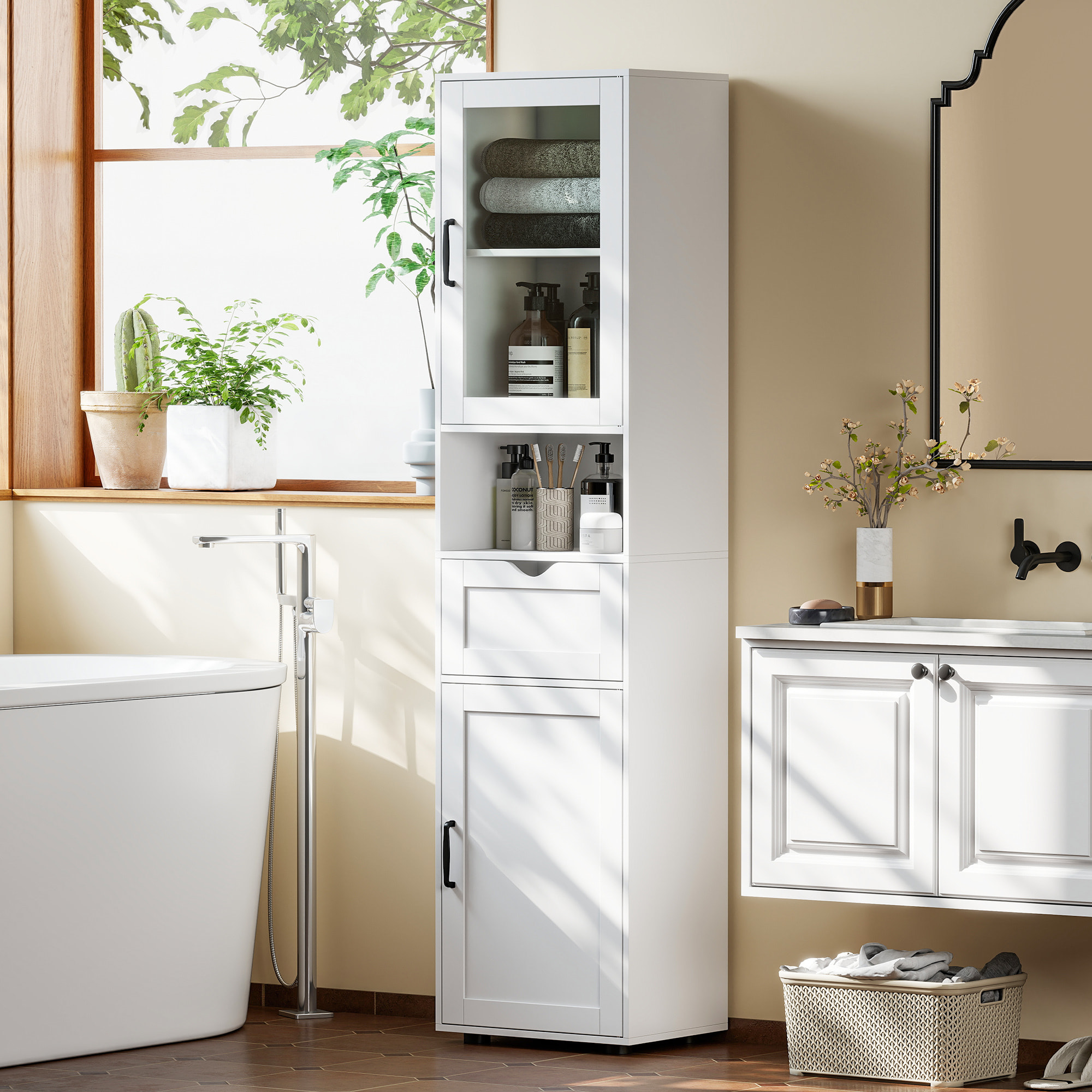 Armario de Baño Alto, Mueble Auxiliar de Baño con Puerta de Vidrio, Estantes Ajustables, Cajón, Estante Abierto, Columna Estrecha para Espacios Pequeños, 40x30x165 cm, Blanco