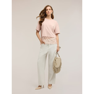 Motivi - T-shirt con inserto in pizzo - Rosa