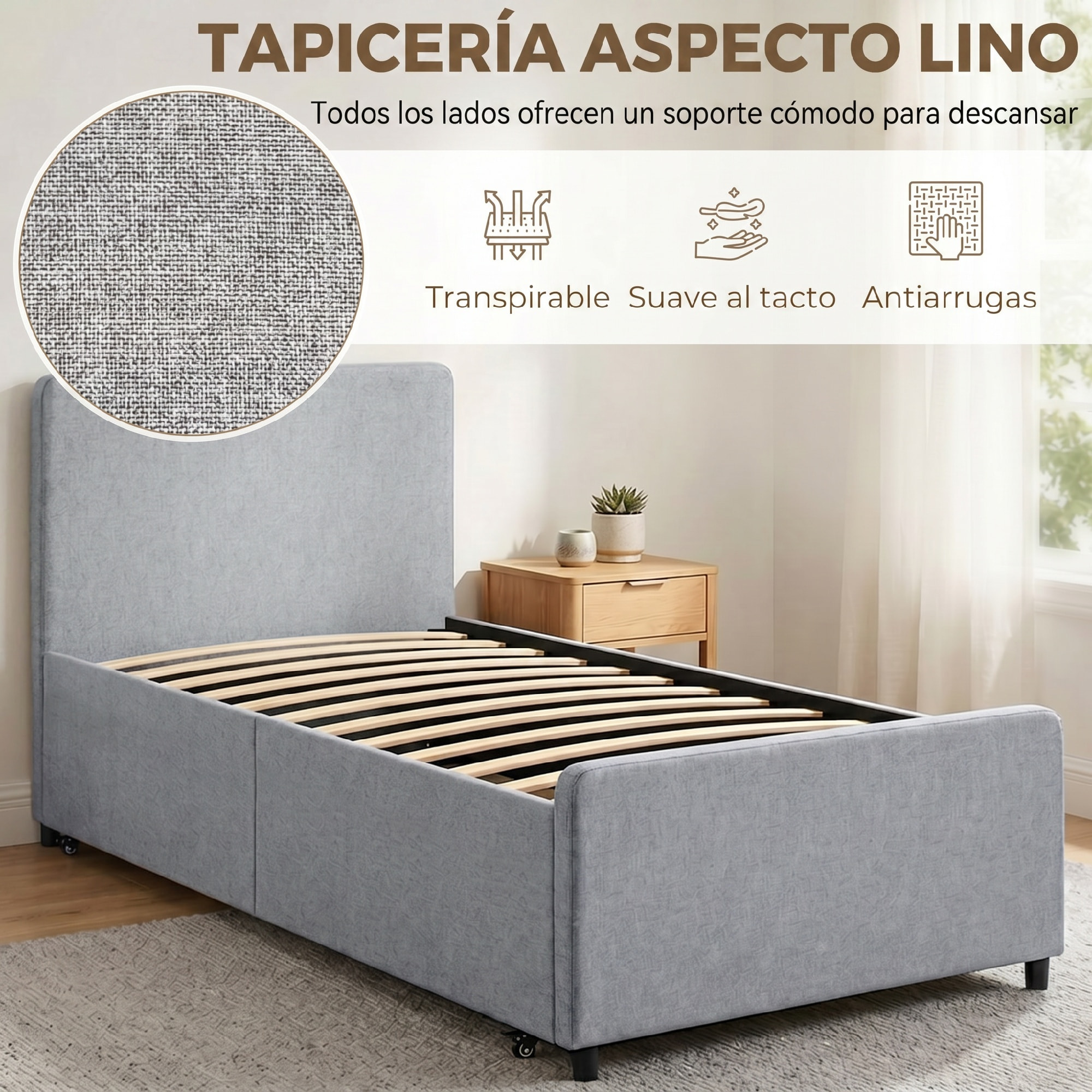 Cama Nido Individual, 90x190 cm, Estructura de Cama Tapizada en Lino con Cabecero y Piecero, Listones de Madera, Sin Colchón, Gris Claro