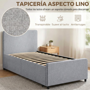 Cama Nido Individual, 90x190 cm, Estructura de Cama Tapizada en Lino con Cabecero y Piecero, Listones de Madera, Sin Colchón, Gris Claro