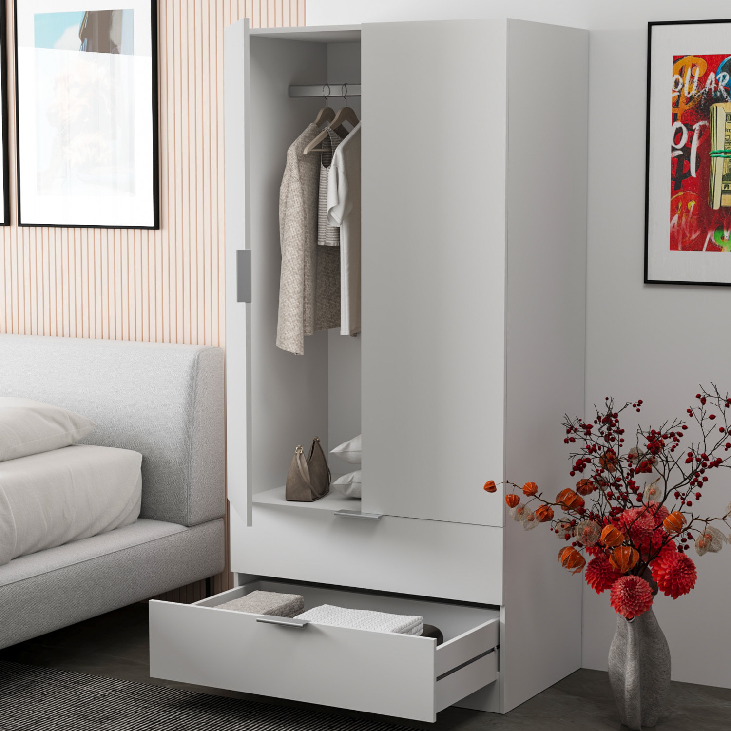 Armadio Santa Clara Armadietto Multiuso per Camera da Letto con Appendiabiti 2 Ante con Maniglie in Metallo e 2 Cassetti 180 x 81 x 52 Cm Bianco