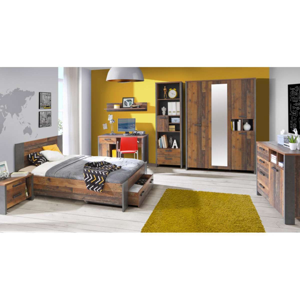 Vitrine en bois H205cm effet bois vieilli avec porte vitrée réversible - FRED