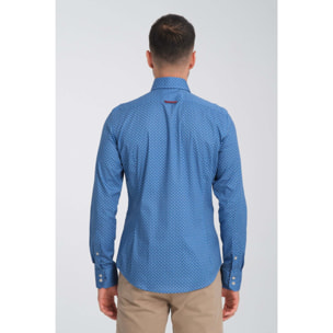 Camicia Uomo 2 Bottoni Button Down Slim Popeline Stretch Stampato Avion e Bianco