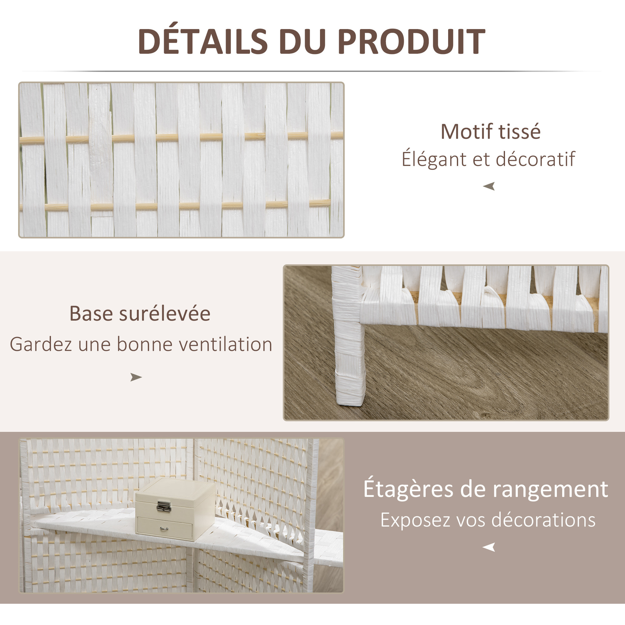 Paravent intérieur 4 panneaux 2 étagères pliables séparateur de pièce bois de pin bambou fibres de papier tressée blanc paille