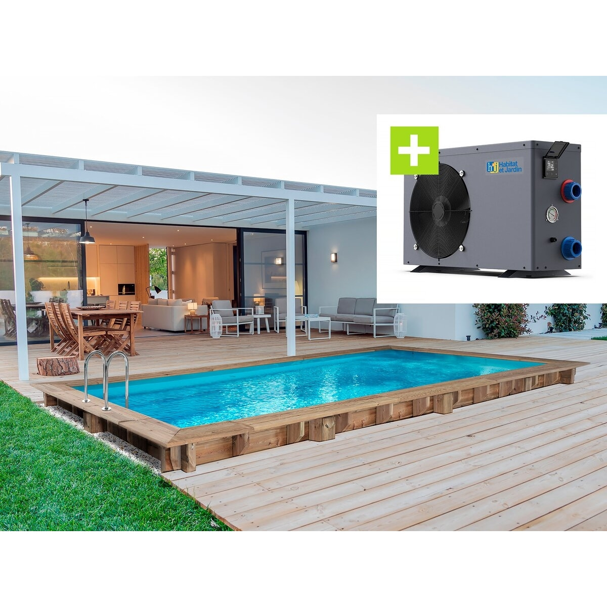 Piscine bois rectangle "Tobago"- 6.20 x 3.00 x 1.31 m +  Pompe à chaleur - Puissance 6.1 kW