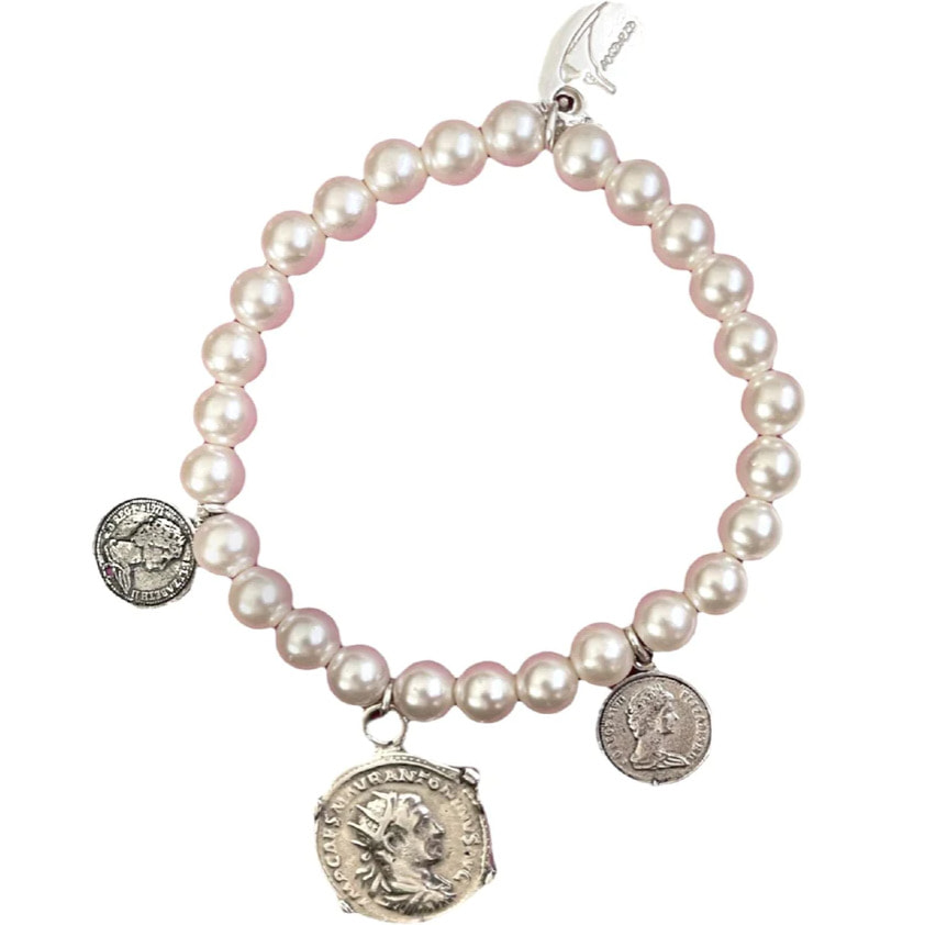 Pulsera Elástica perlas y monedas plata