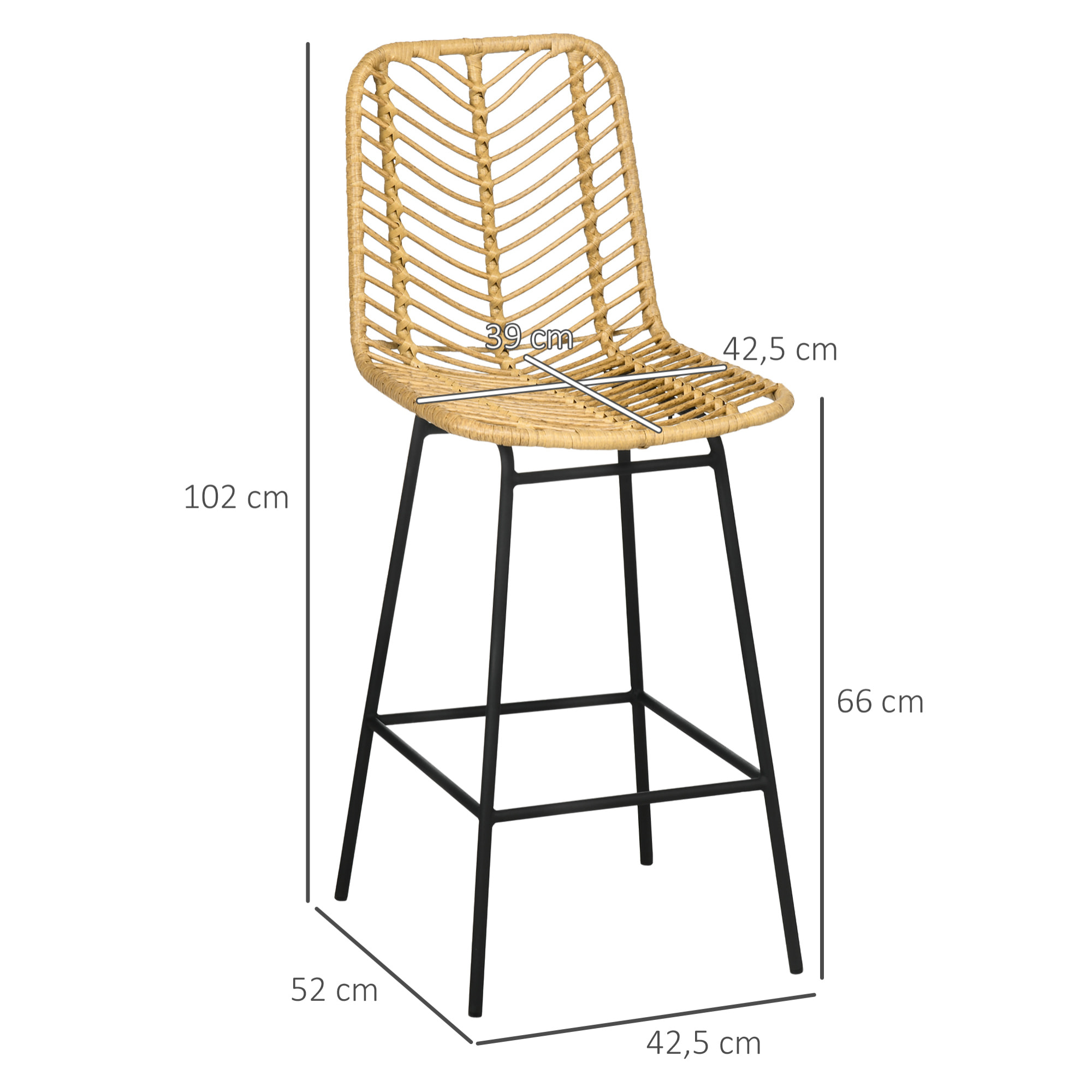 Taburetes Altos de Cocina Juego de 2 con Asiento de Ratán Sintético Taburetes de Bar Modernos con Patas de Acero Carga 120 kg 42,5x52x102 cm Natural