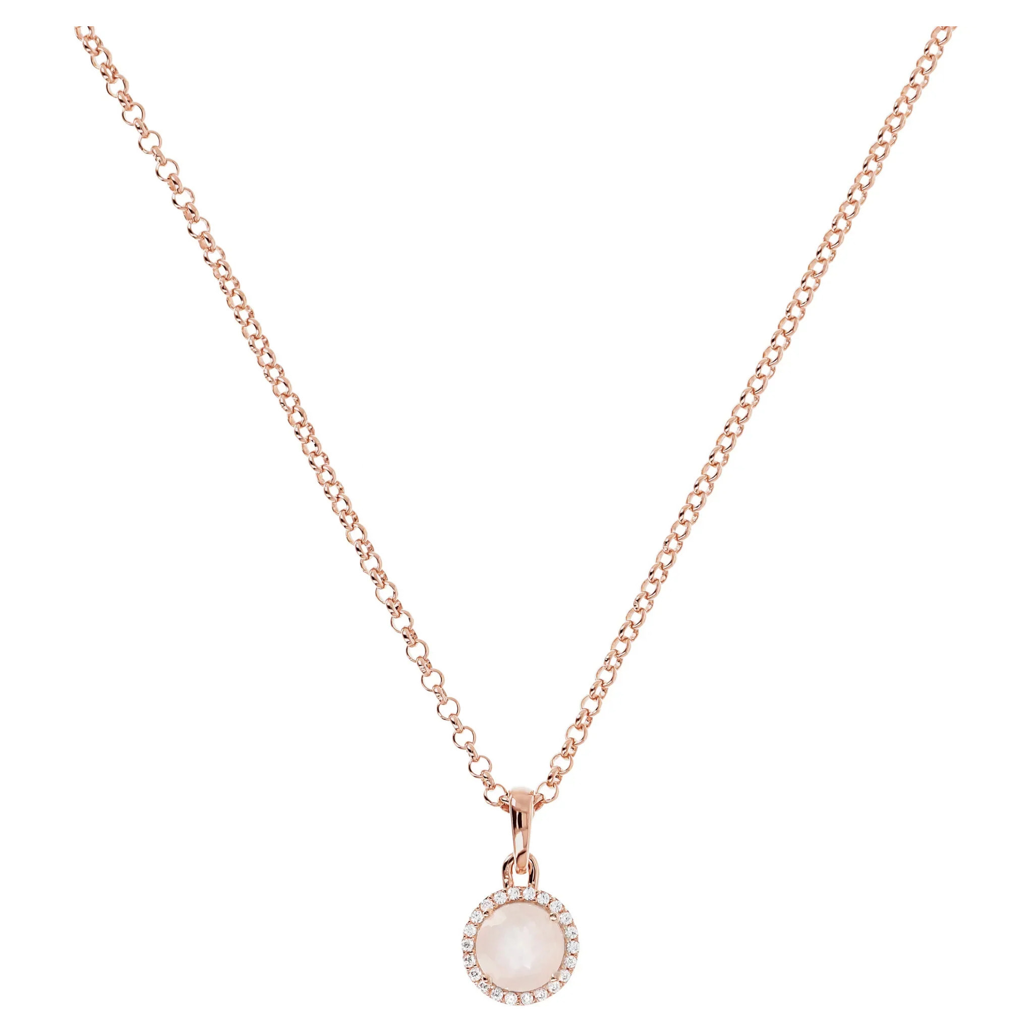 Collana Catena Rolo con Pendente Tondo in Quarzo Marrone e Cubic Zirconia