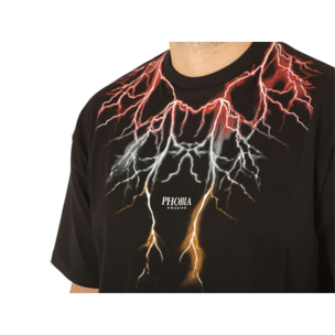 T-Shirt Phobia Archive Black T-Shirt With Red Grey Orange Lightning Nero