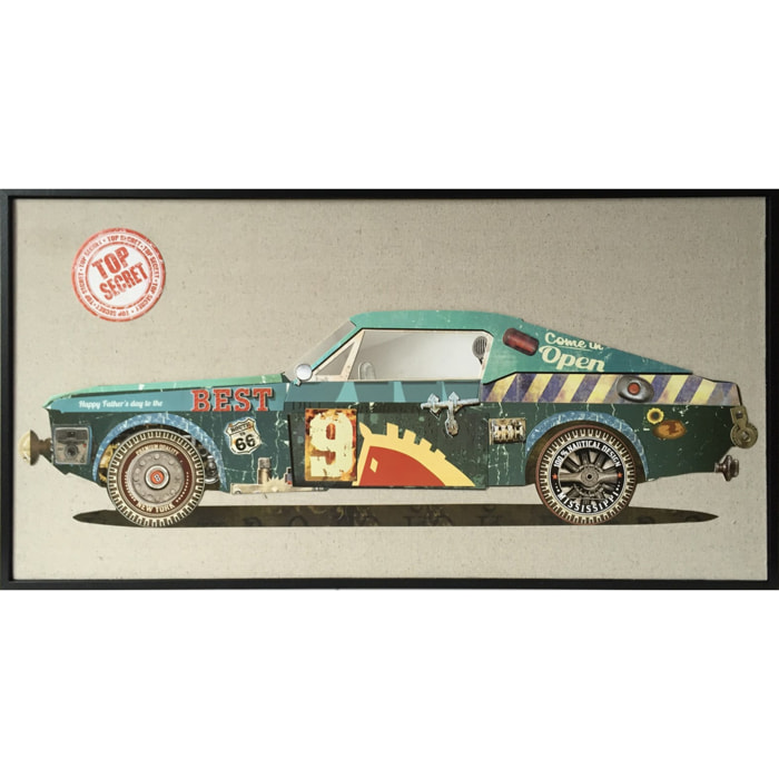 Quadro collage auto da corsa vintage in carta riciclata 82x42 cm
