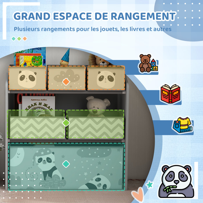 Étagère de rangement enfant design night panda - 6 tiroirs - MDF tissu non tissé - gris