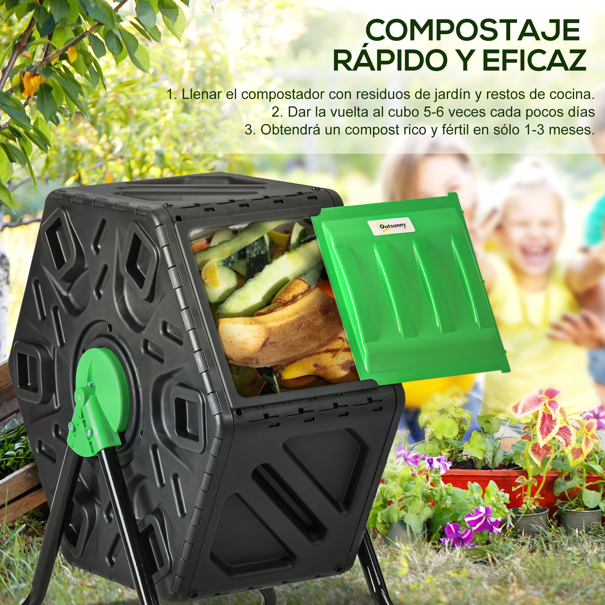 Compostador Giratorio de 65L Contenedor de Compostaje de Jardín de Doble Cámara Compostadora con Aberturas de Ventilación y Patas de Acero 60x49x77 cm Negro
