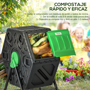 Compostador Giratorio de 65L Contenedor de Compostaje de Jardín de Doble Cámara Compostadora con Aberturas de Ventilación y Patas de Acero 60x49x77 cm Negro