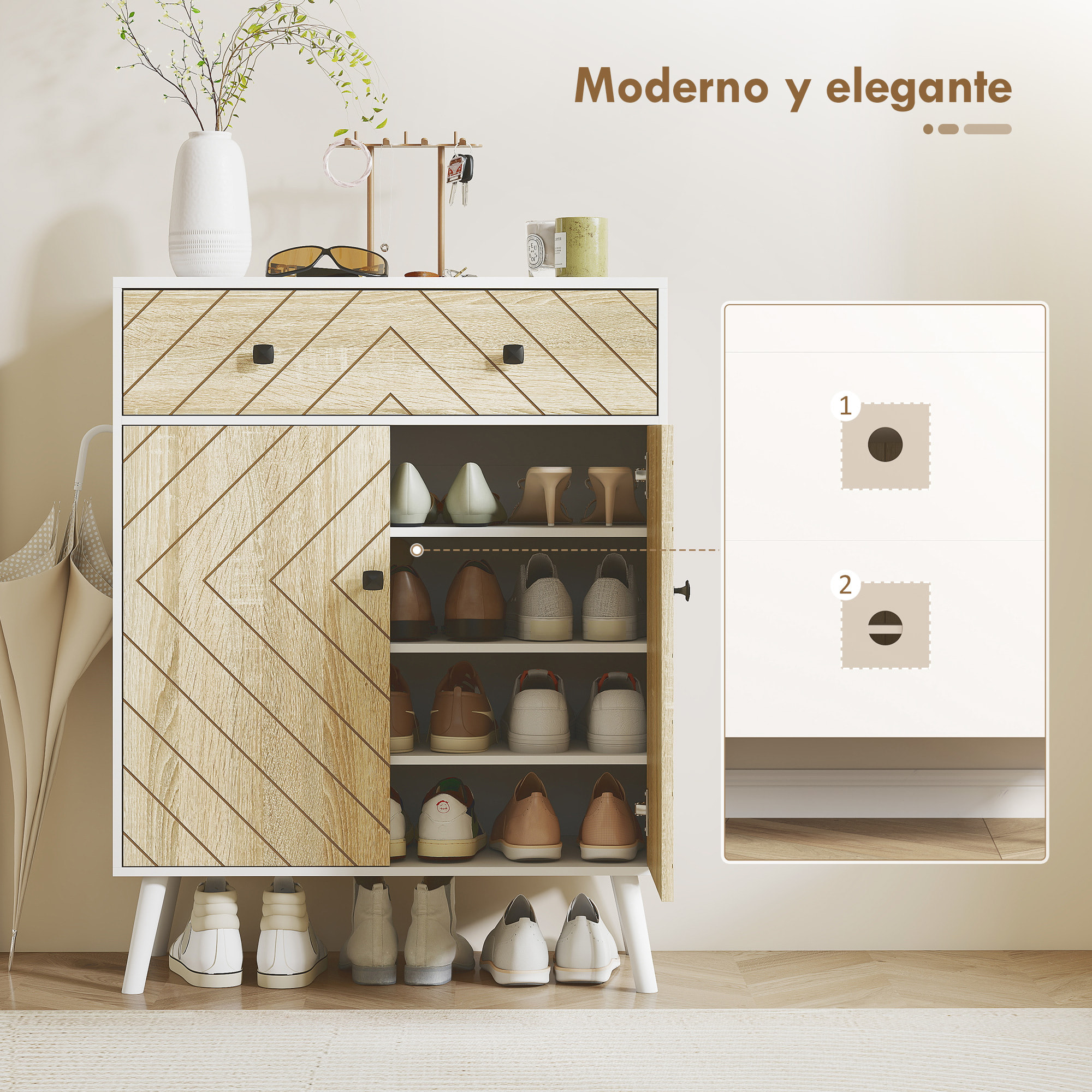 Zapatero de 2 Puertas en Espiga, Zapatero Entrada Recibidor con Estantes Ajustables, Cajón, para 12 Pares de Zapatos, 75x35x97 cm, Blanco y Natural