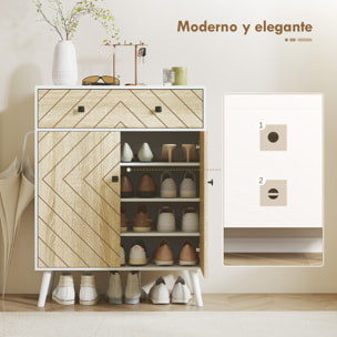 Zapatero de 2 Puertas en Espiga, Zapatero Entrada Recibidor con Estantes Ajustables, Cajón, para 12 Pares de Zapatos, 75x35x97 cm, Blanco y Natural