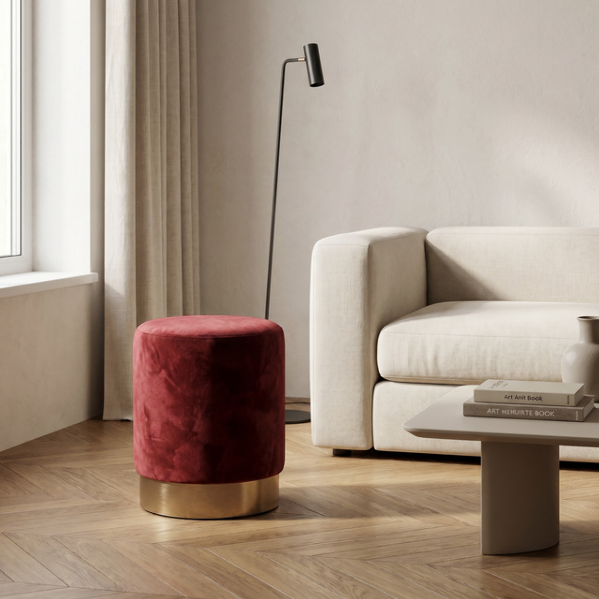 Pouf cilindrico in velluto con base dorata, sgabello imbottito elegante e resistente, seduta compatta salvaspazio, ideale per salotto camera ingresso e toeletta, design moderno glamour e versatile