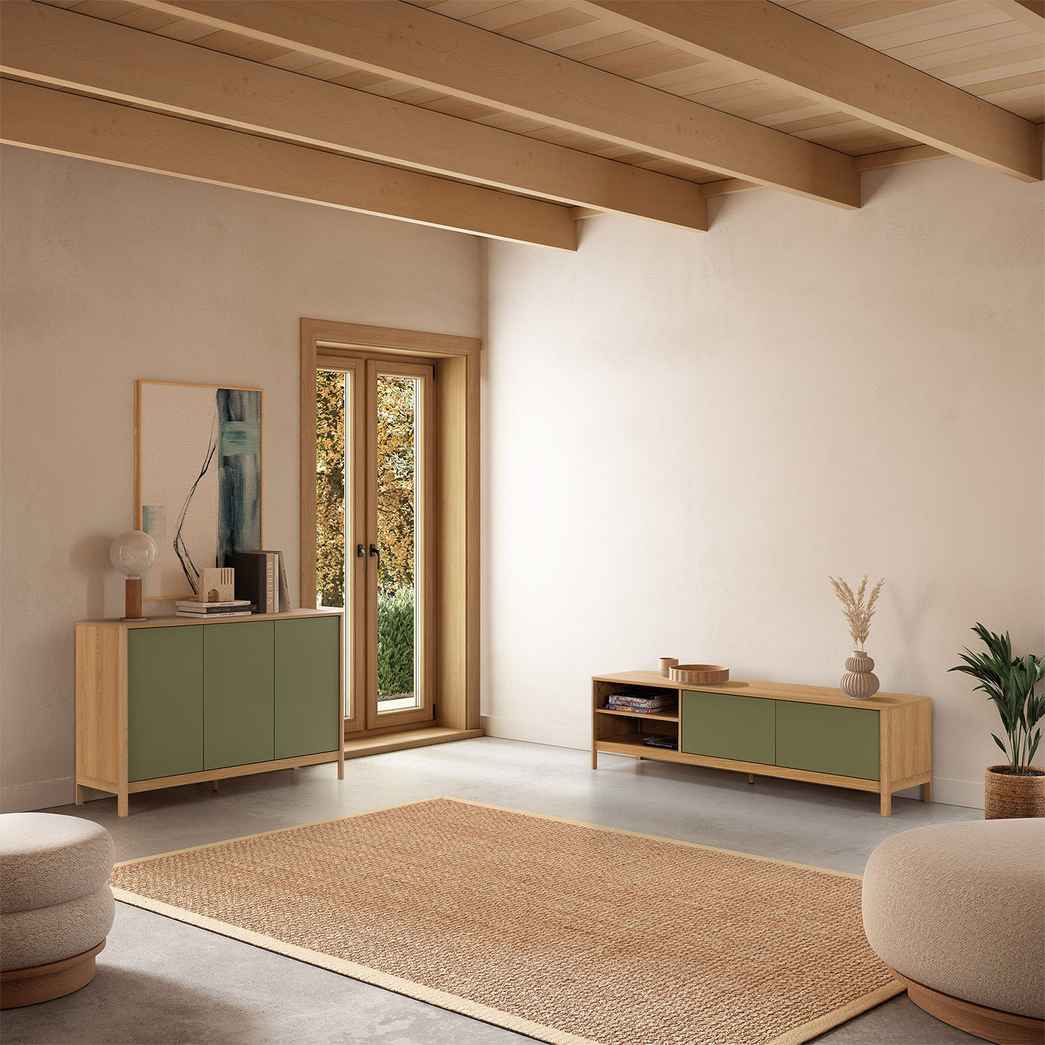 Mueble Tv Nassau 2 puertas efecto Roble/Verde