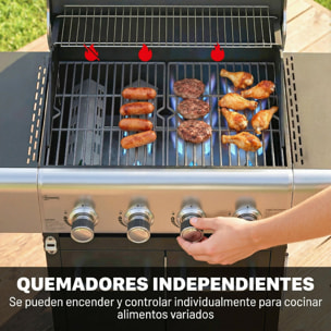 Barbacoa de Gas BBQ Gas con 4 Quemadores 12,8 kW Barbacoa Portátil con Termómetro Mesas Laterales Armario Rejilla Calentadora Acero Parrillas de Hierro Fundido Recogedor Grasa 4 Ruedas Negro