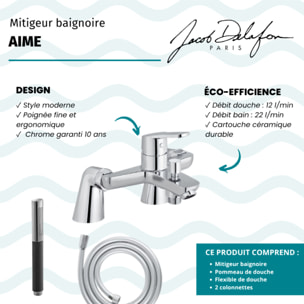 Mitigeur baignoire Aimé + pommeau de douche Shift Ellipse + flexible de douche lisse + colonnettes