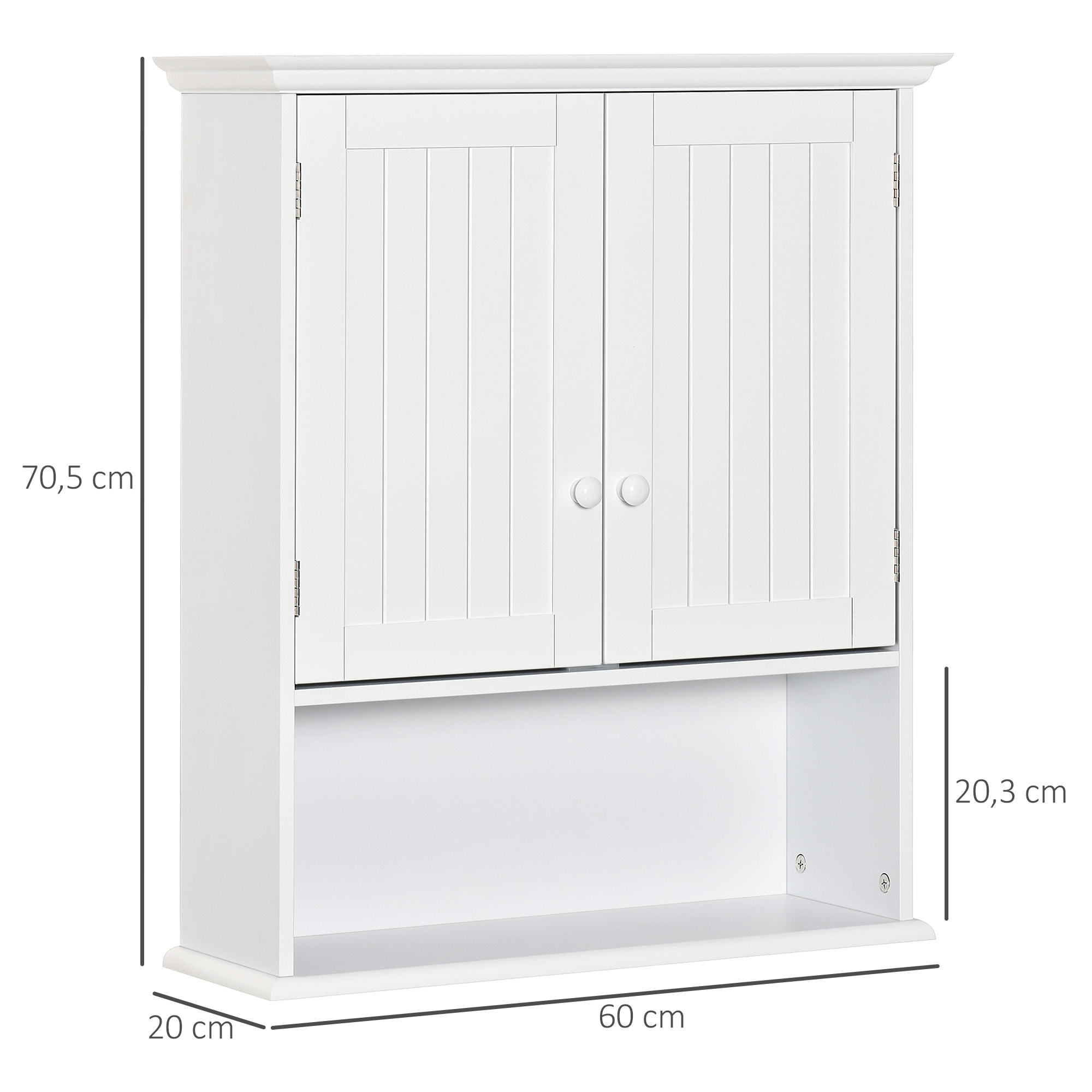 kleankin Armario Baño de Pared con 2 Puertas Estante Interior Ajustable y Compartimento Abierto Mueble Auxiliar Suspendido Multiusos para Cocina 60x20x70,5 cm Blanco