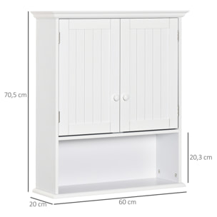 kleankin Armario Baño de Pared con 2 Puertas Estante Interior Ajustable y Compartimento Abierto Mueble Auxiliar Suspendido Multiusos para Cocina 60x20x70,5 cm Blanco