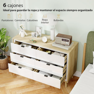 Cómoda 6 Cajones, Cómoda Dormitorio con Patas de Madera, Cajonera para Salón, Oficina, Estilo Moderno, 110x40x75 cm, Blanco Brillo y Roble