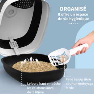 Maison de toilette pliable - bac à litière chat avec porte battante, pelle et filtre inclus - ABS PP blanc noir