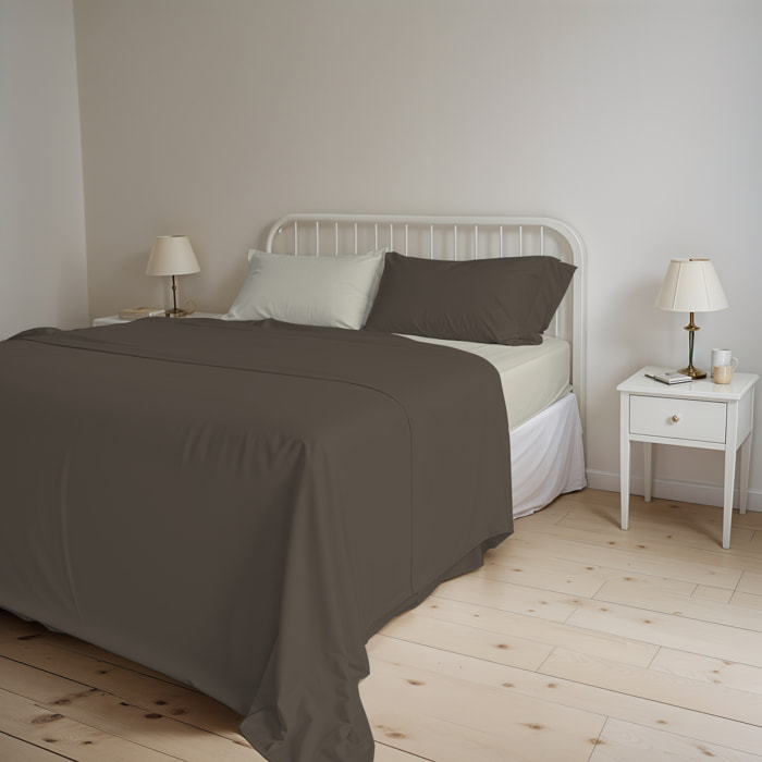COMPLETO LETTO NATURAL COLOR, 100% Cotone, Made in Italy - MARRONE/PANNA