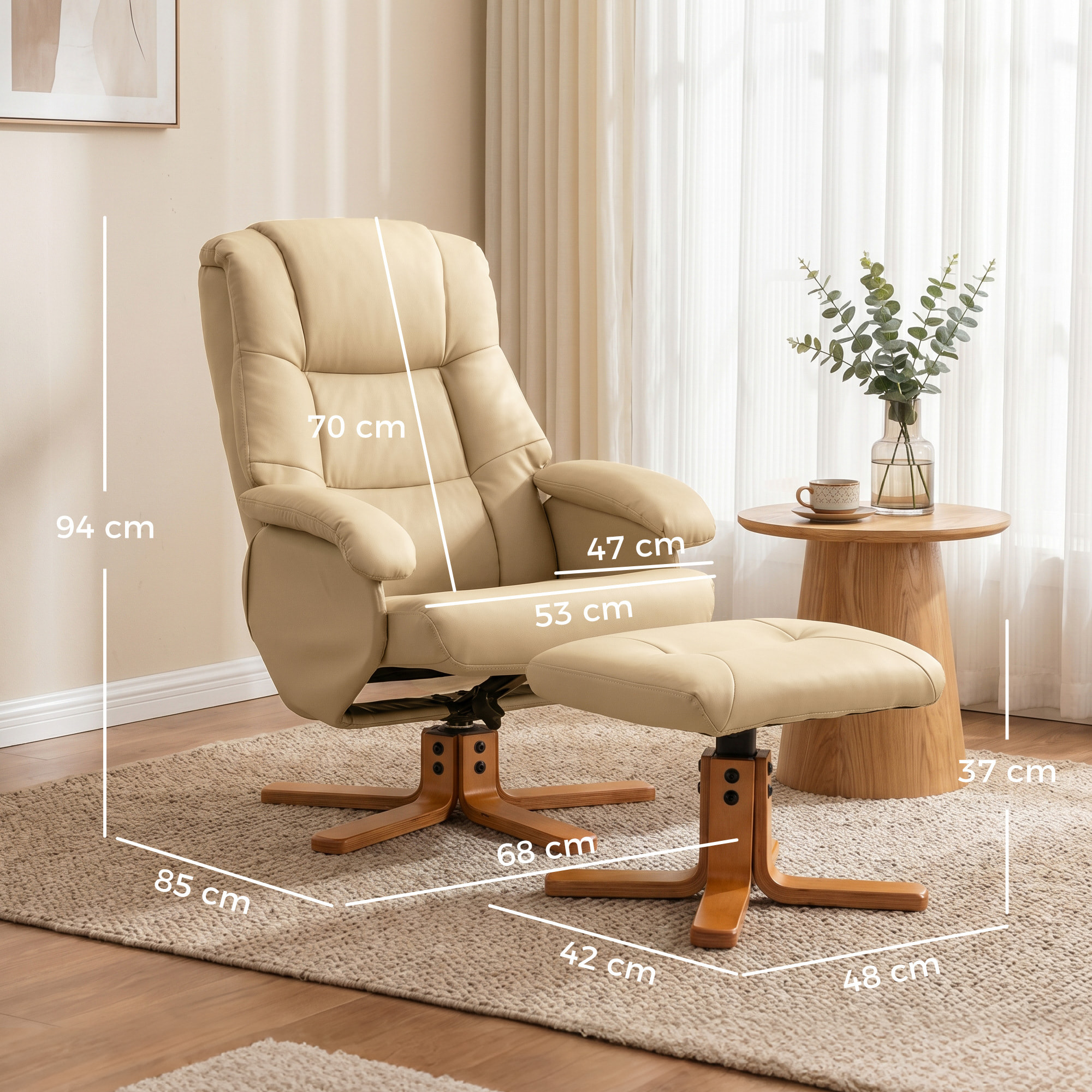 Fauteuil relax inclinable pivotant avec repose-pied piètement bois clair synthétique beige