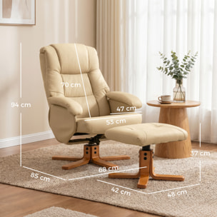 Fauteuil relax inclinable pivotant avec repose-pied piètement bois clair synthétique beige