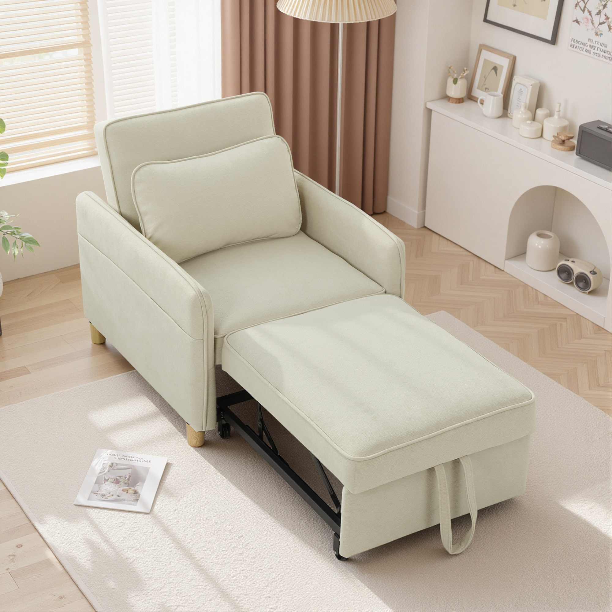 Fauteuil chauffeuse convertible inclinable repose-pieds rétractable intégré tissu beige clair