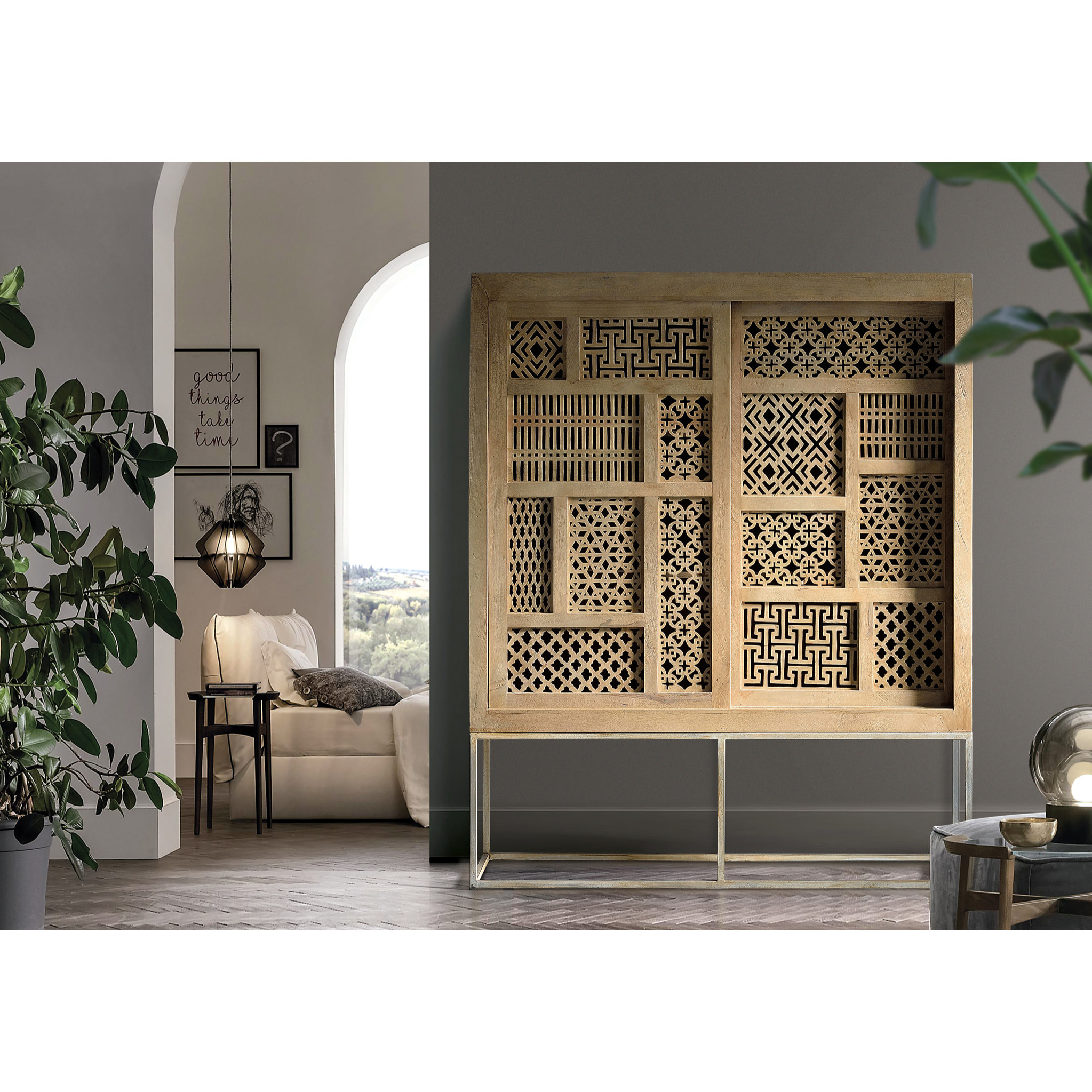 Alacena de Madera de Mango 140 Cm Estilo Boho Tallado