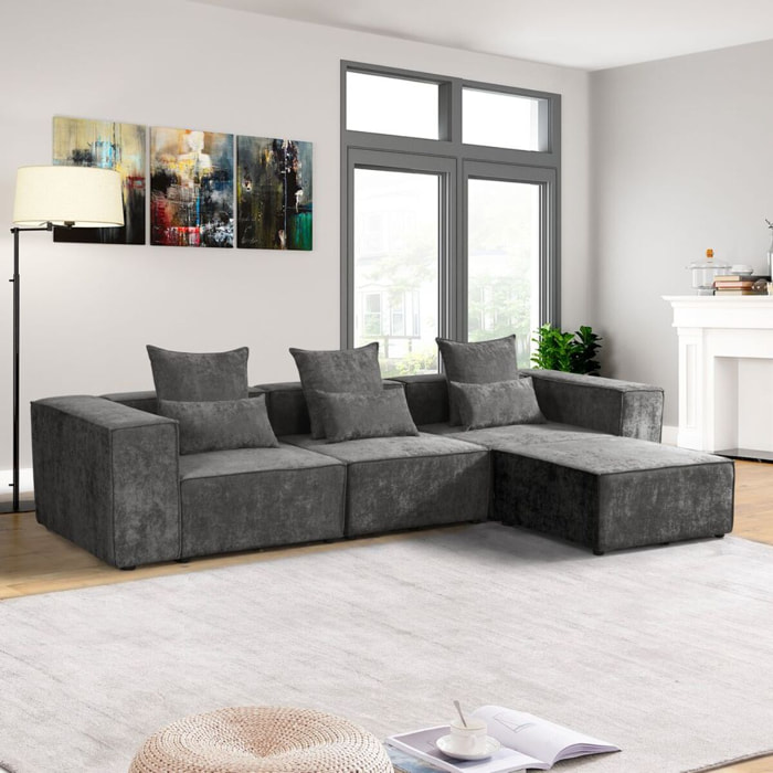 Divano angolare in tessuto grigio scuro 323x118-205x68 cm - Deluxe