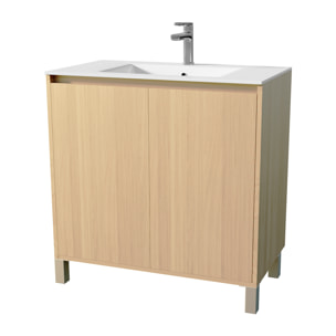 Pack Meuble Salle de Bains 80 cm Chêne Clair, 2 portes avec Vasque Céramique - XENOS