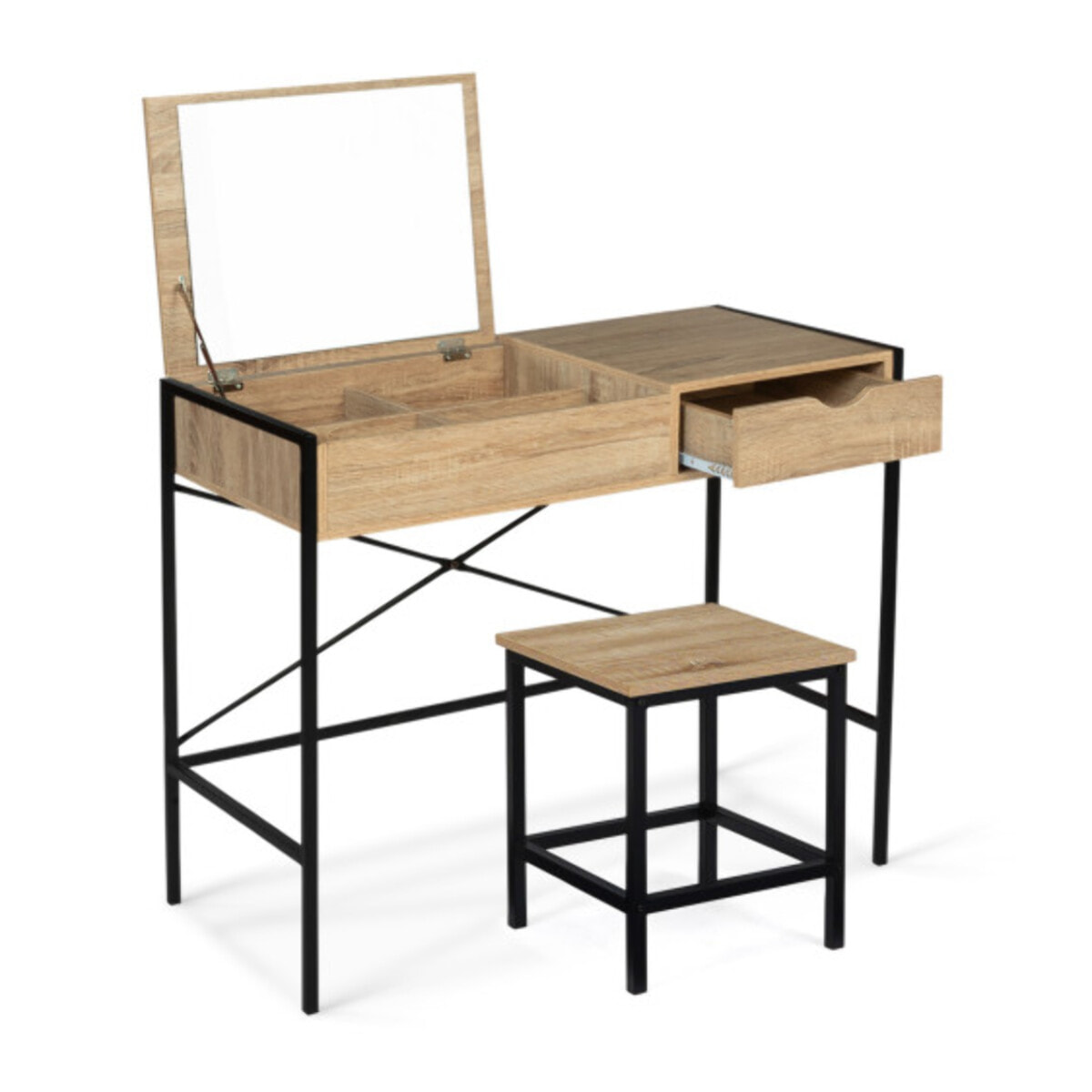 Coiffeuse Alana miroir rabattable avec tabouret - Bois / Noir