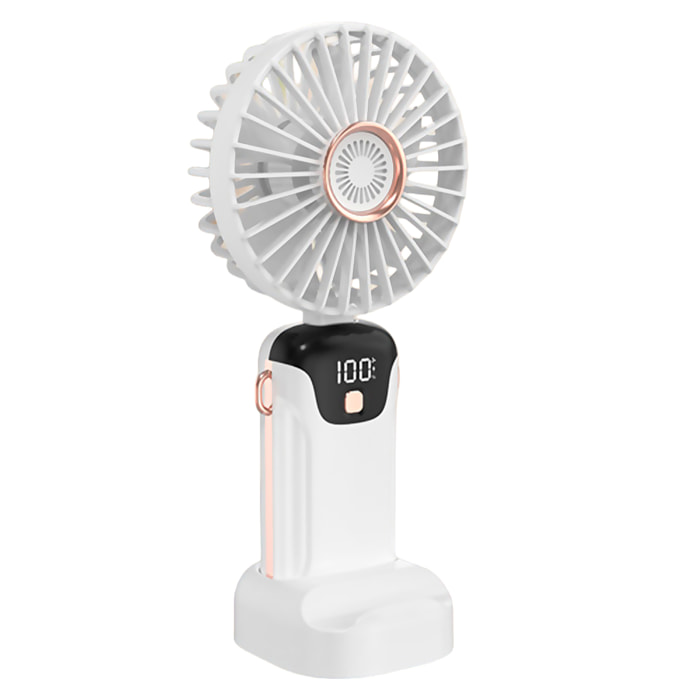 Mini ventilatore portatile con aromaterapia, schermo LED, 5 velocità, rotazione con angolo regolabile di 90° e batteria ricaricabile.