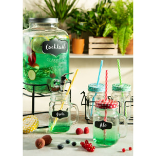 Set de 4 mugs bocal Excelsa – Funny Party, Verre Multicolore avec Couvercle et Paille