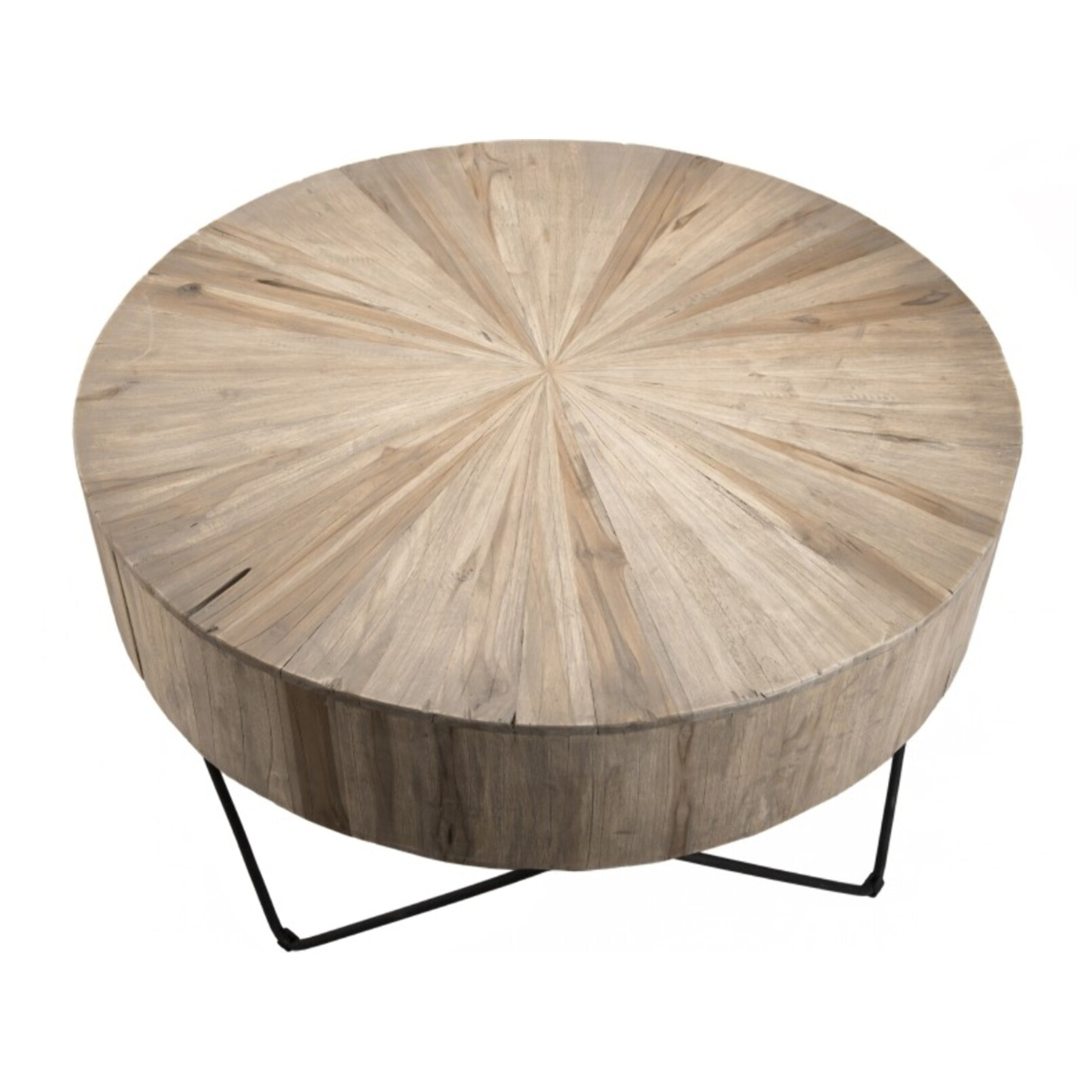CLARA - Table basse ronde 90x90cm bois Teck naturel pieds épingles scandi métal noir